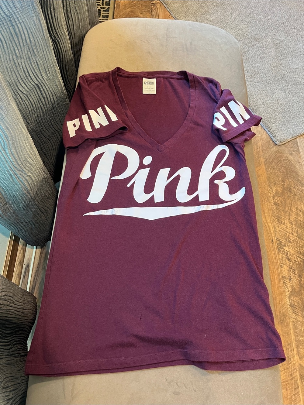 PINK Victoria's Secret Burgundy Cursive V-Neck Logo Tee